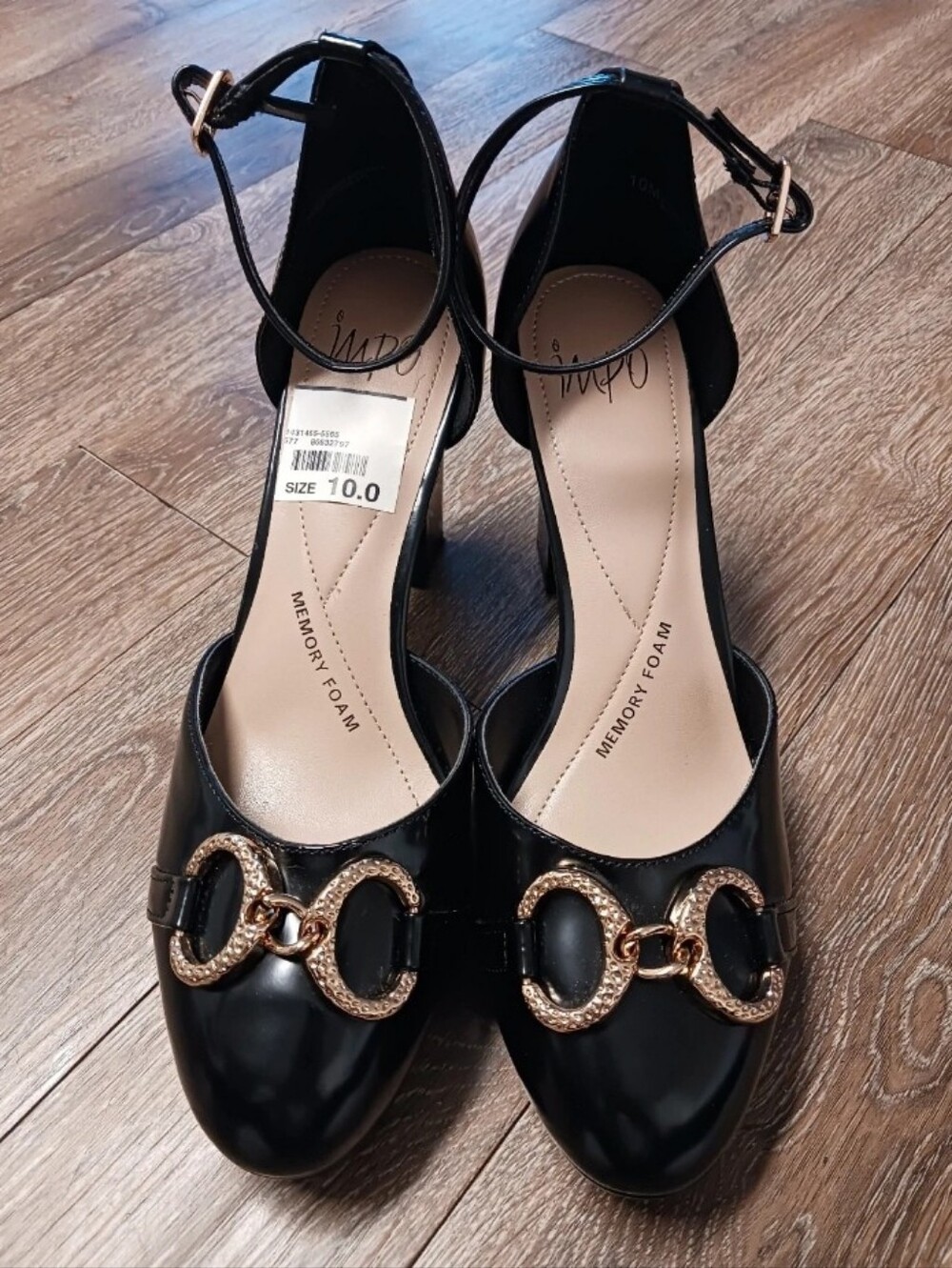 NWT Impo Black Ankle-Strap Heels with Gold Chain Rings Size 10